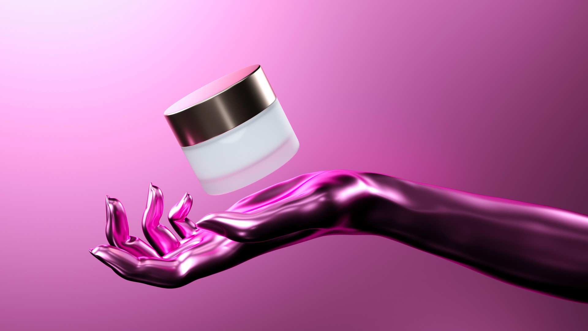 Luxurious Floating Cream Jar Above Metallic Hand in a Minimalist 3D Scene, 3D Rendering